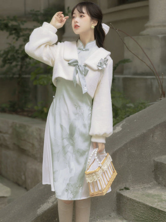 Retro Chinese-style Dress + Ribbon Short Fur Coat