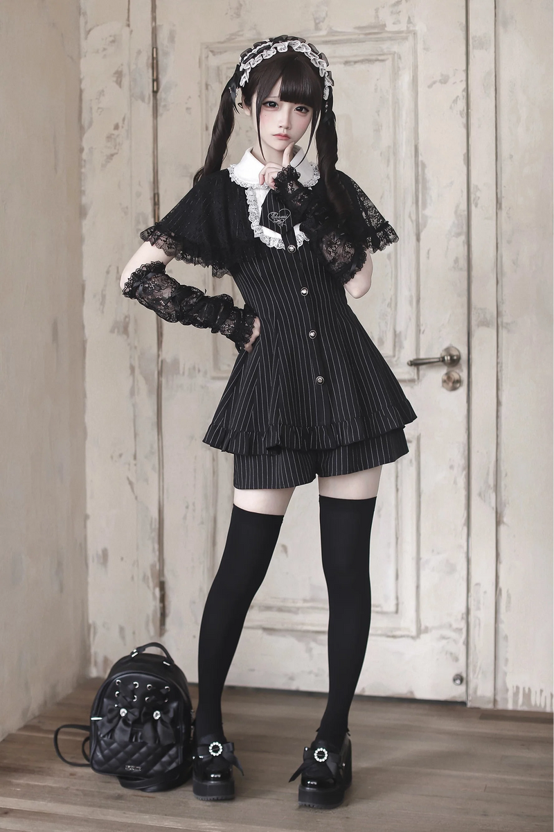 [reservation Deadline: May 15] Black Pinstripe Lace Cape Design Thai Collar Dress Suit Full Set + Accessories