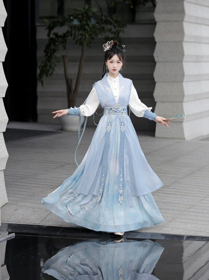 [pre-order] Light Blue Chinese-style Skirt + Tassel Long Vest + Chinese-style Blouse + Chinese-style Design Belt