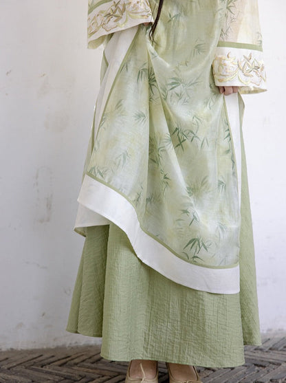 Summer Green Retro Chinese-style Top + Inner Camisole + Long Skirt