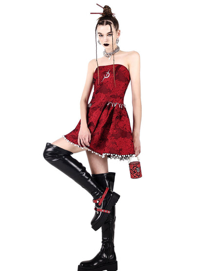 Electric Moon Dark Flower Embroidered Tube Top Pearl Dress