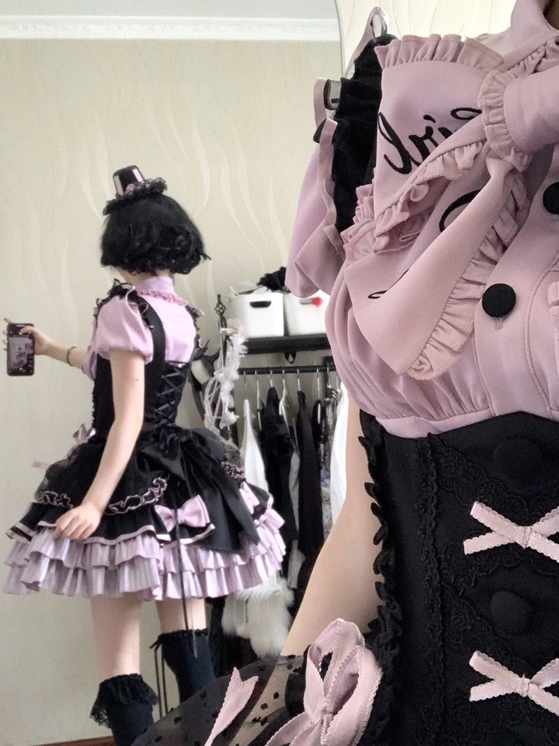 [order Deadline: May 12] Black Purple Lolita Idol Ribbon Puff Sleeve Shirt + Corset Tulle Pull-up Jks Dress Set