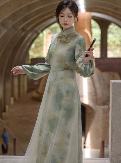 Marbled Green Half Neck Chinese-style Dress