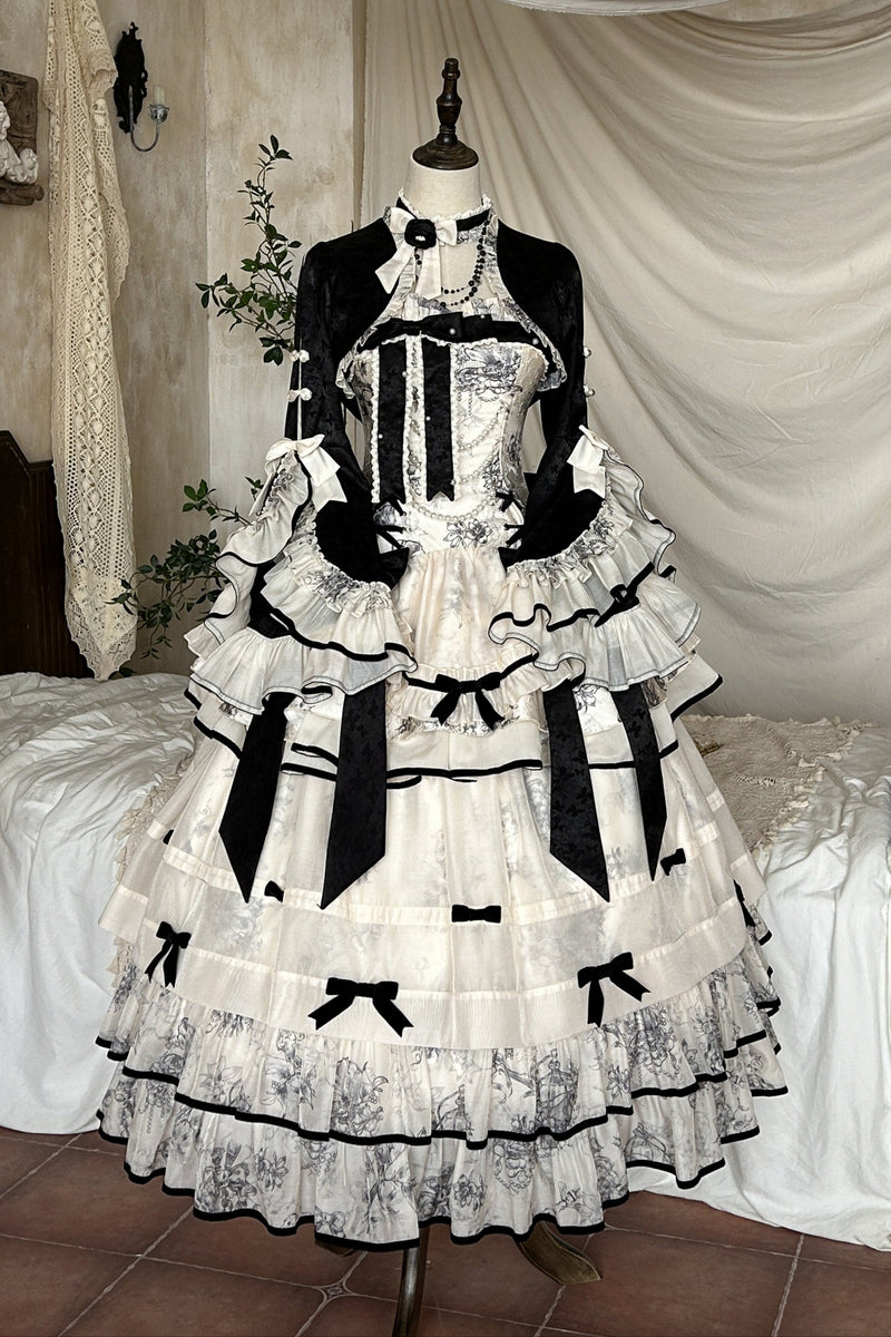 [pre-order] Brandy French Pearl Bustier Dress + Long Skirt + Black Jacquard Jacket + Complete Accessories