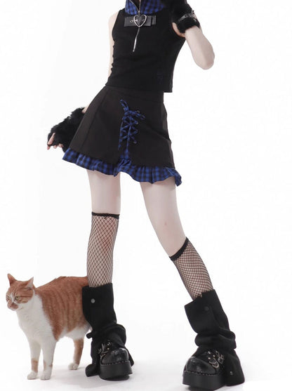 Blue Plaid Stitch Cat Ear Hoodie Summer Strap Design Suit