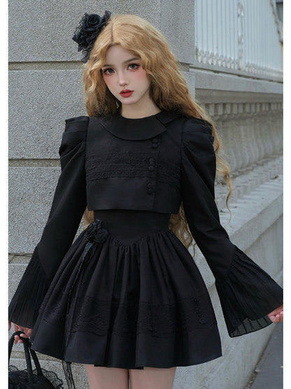 Night Traveler Classic Black Gothic Lace Jacket Dress + Ruffle White Blouse and Black Dress