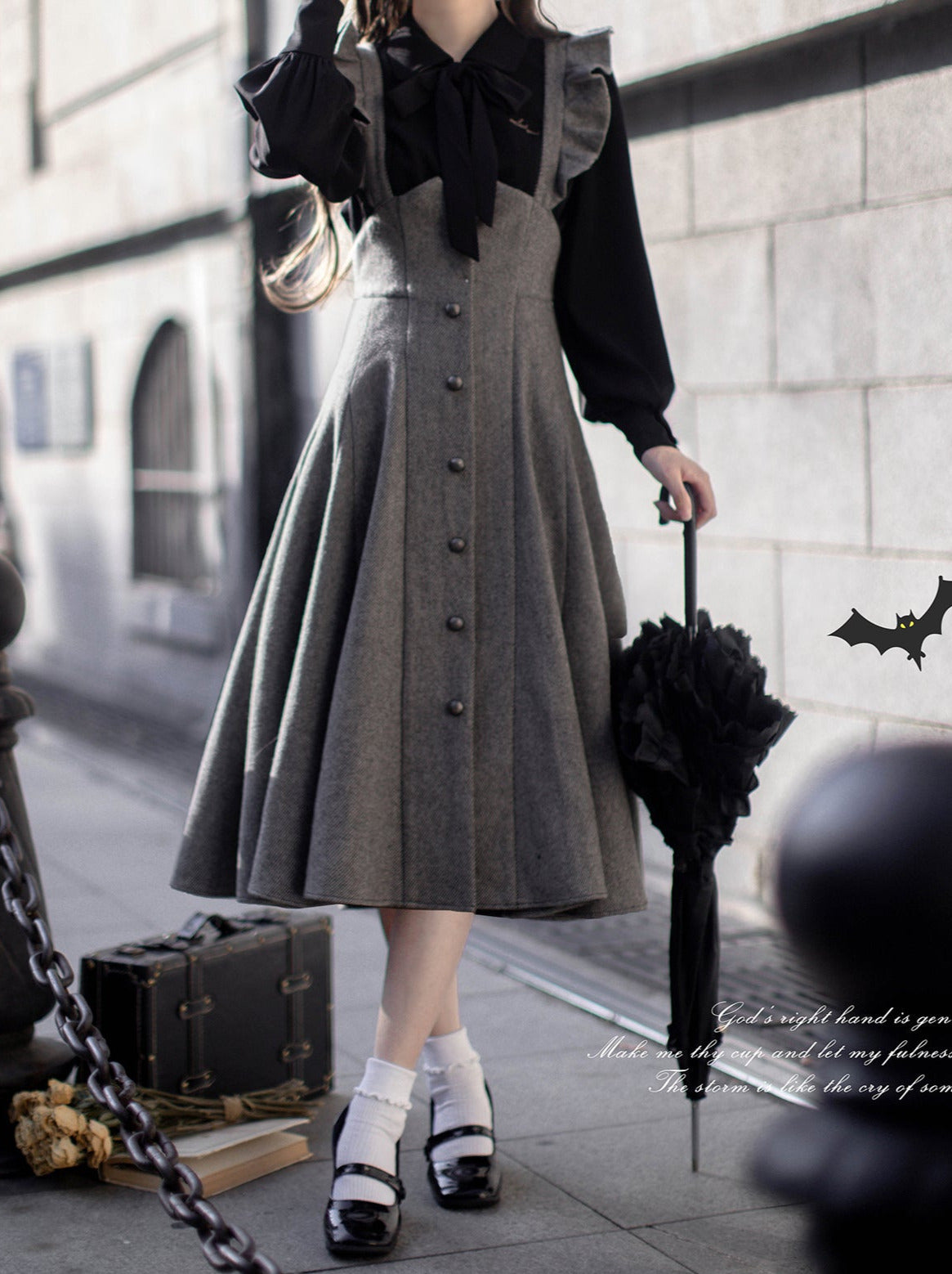 Retro Black Ribbon Volume Sleeve Shirt + Ruffle Shoulder Suspender Skirt