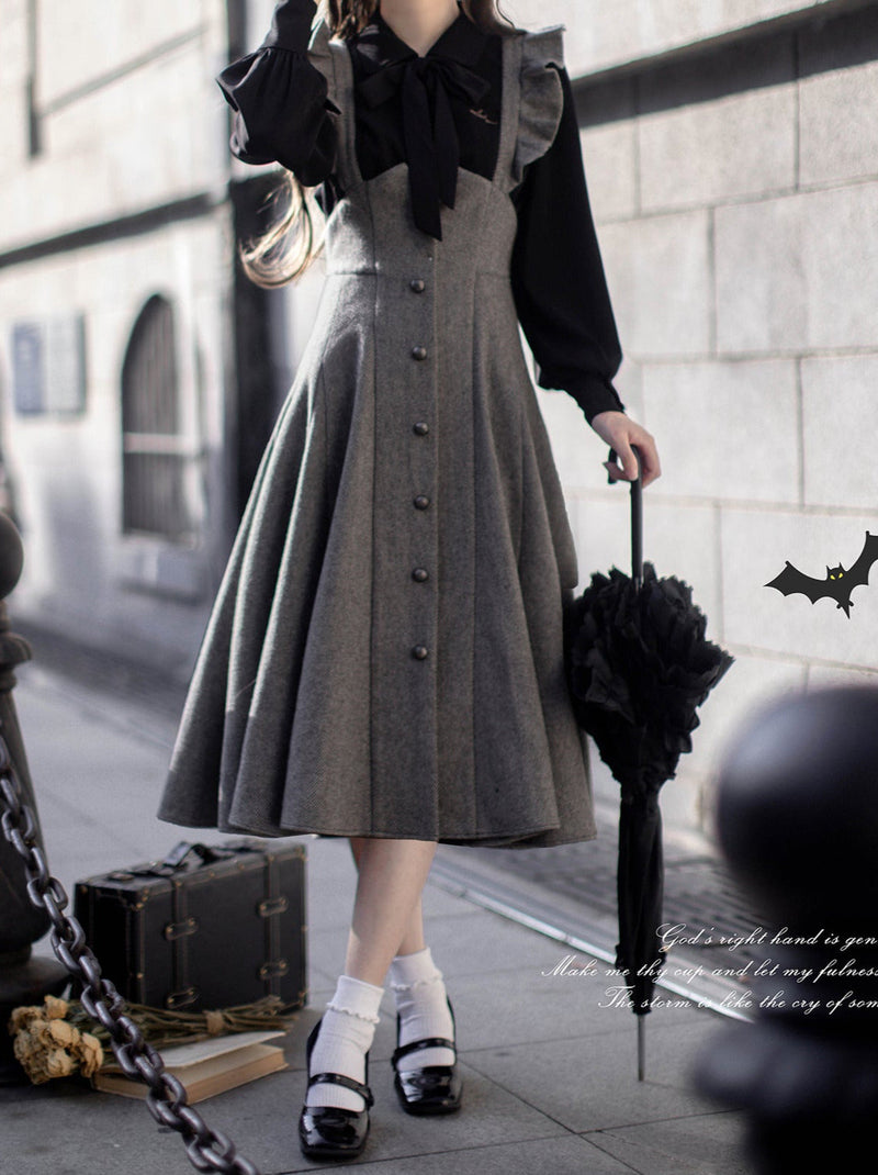 Retro Black Ribbon Volume Sleeve Shirt + Ruffle Shoulder Suspender Skirt
