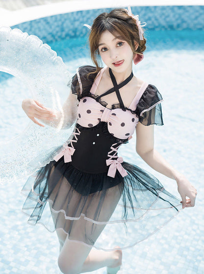 Dot Sheer Ruffle Lace Up Lolita Girly Dress Swimsuit