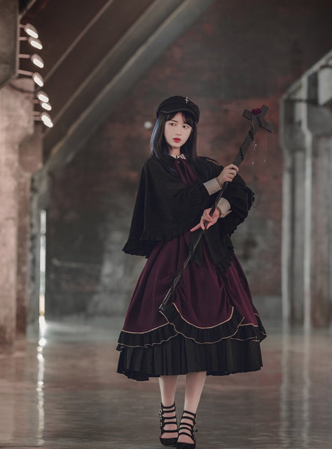Faux Two Piece Pleated Cape Dark Gothic Dress