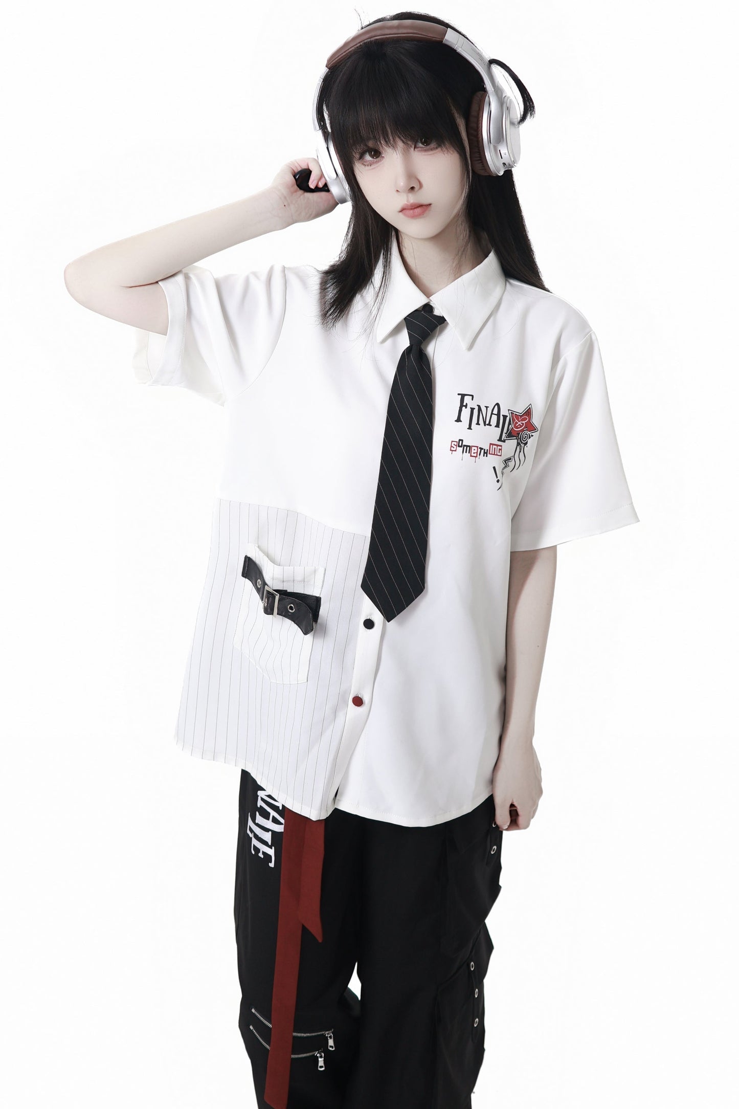 Contrast Shirt + Checkered Skirt + Black Skirt + Wide Pants + Tie