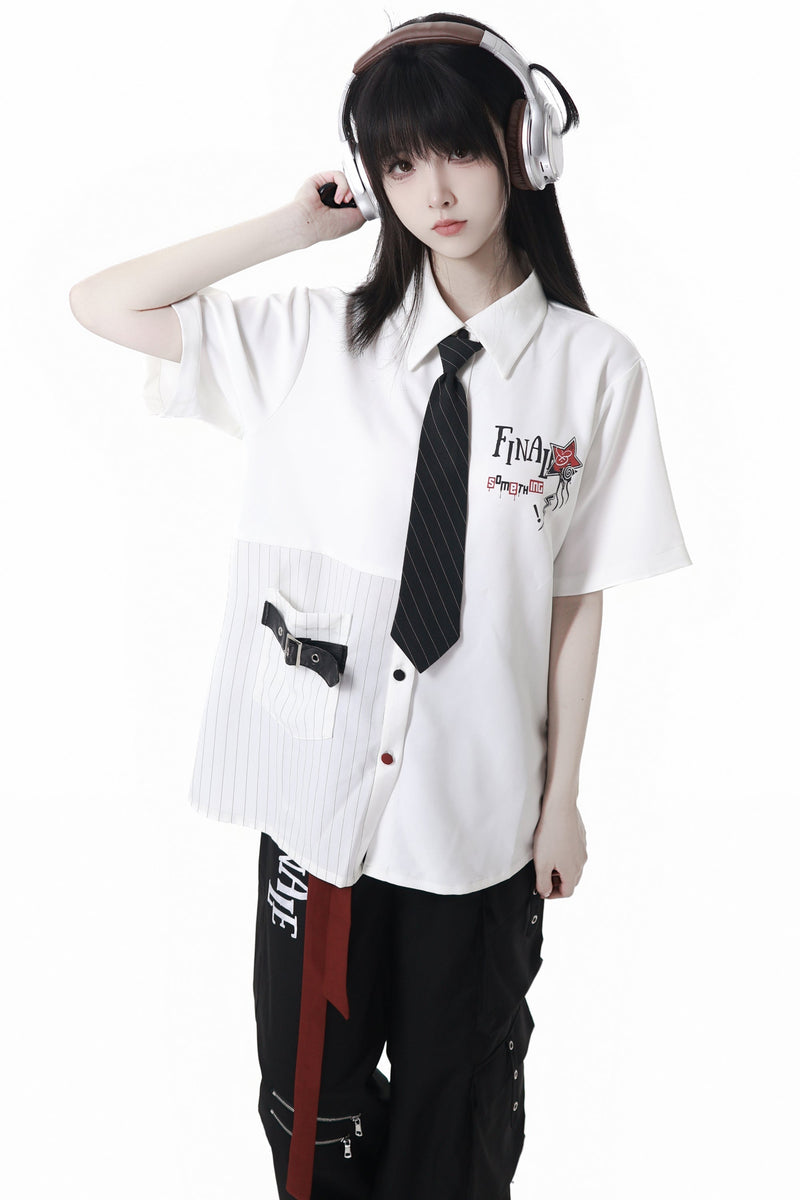 Contrast Shirt + Checkered Skirt + Black Skirt + Wide Pants + Tie