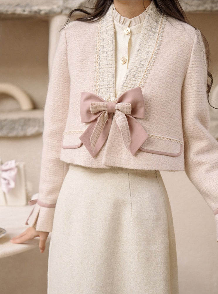 Ruffle Blouse + Tight Skirt + Tweed Ribbon Jacket