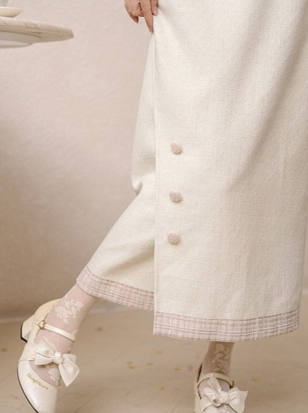 Ruffle Blouse + Tight Skirt + Tweed Ribbon Jacket