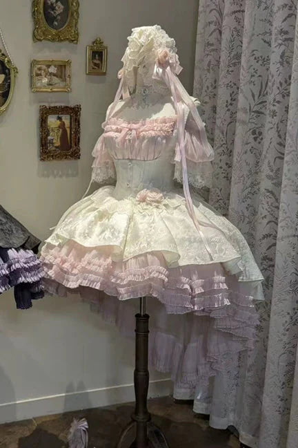 [pre-order Deadline: April 28] Pink X White Gothic Lolita Corset Layered Jsk Dress + Off-shoulder Lace Puff Top