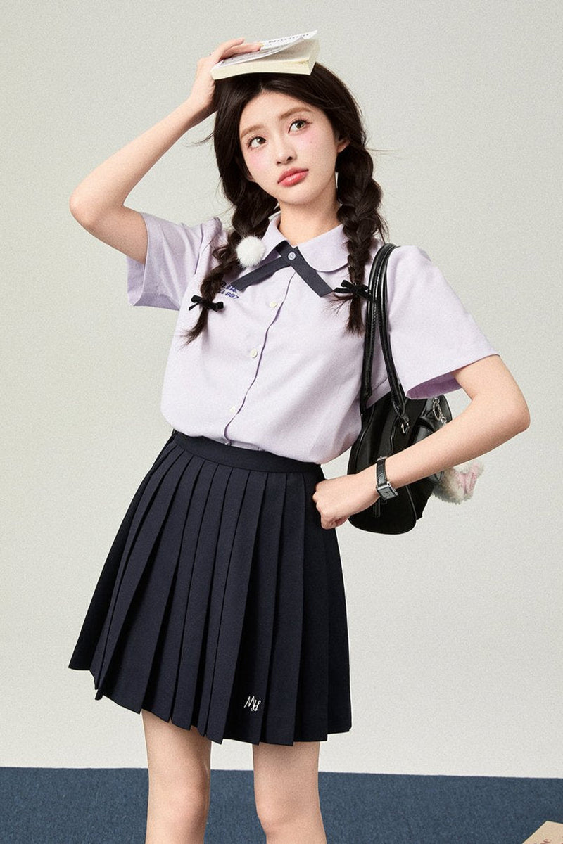 Flower Bell Tie Short Sleeve Shirt + Short Skirt + Long Skirt