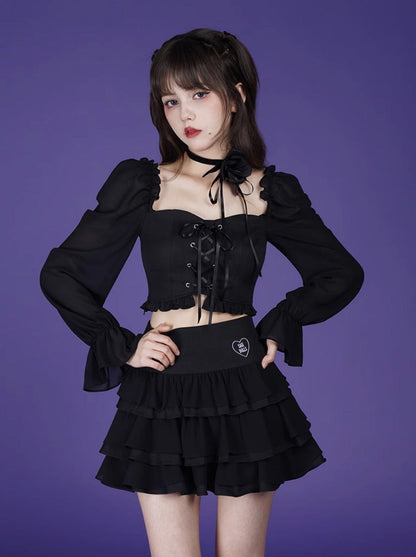 Lace-up Volume Sleeve Short Top + Tiered Skirt