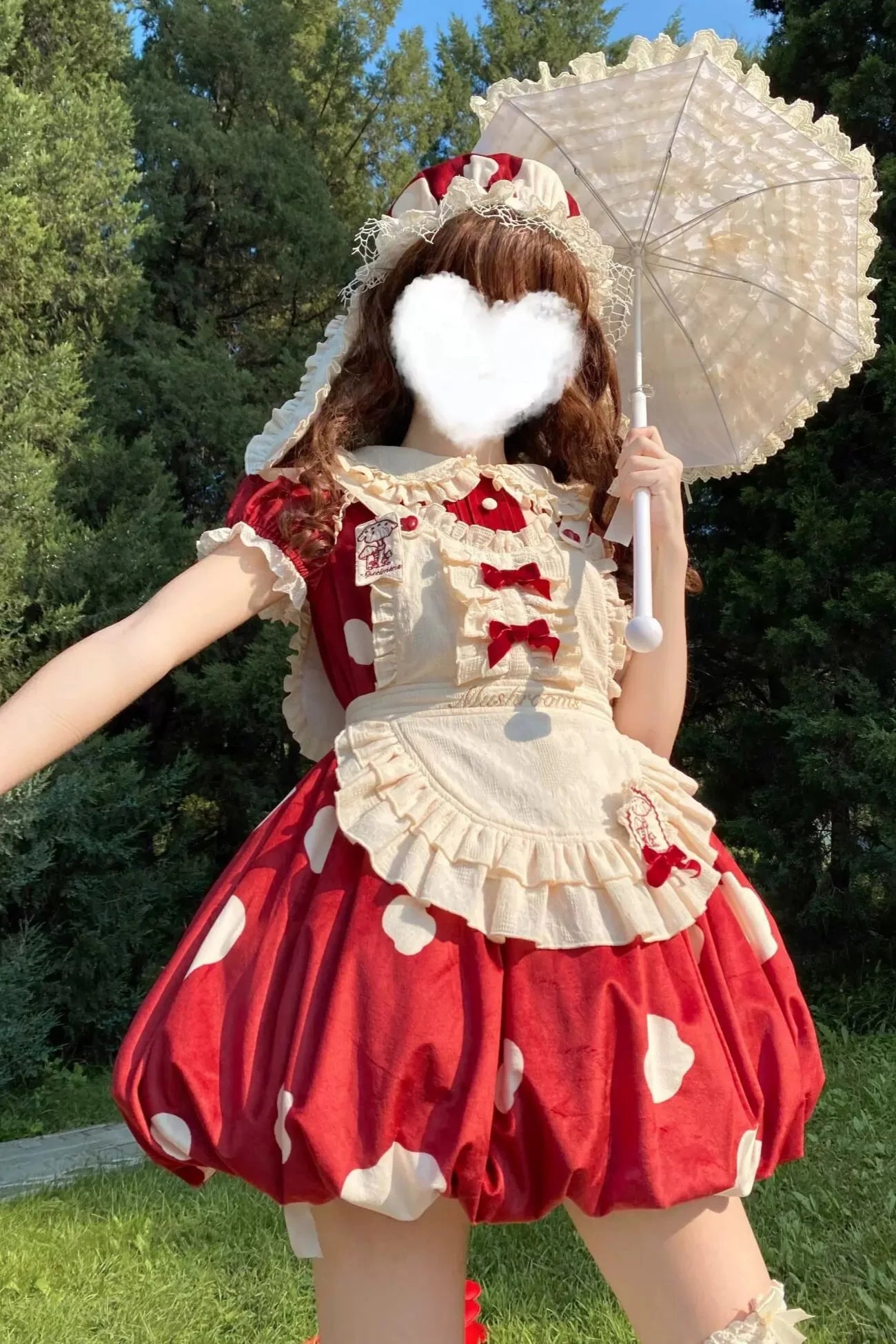 Mushroom Doll Dress + Ribbon Ruffle Apron + Ruffle Sleeves + Bunny Ear Hat