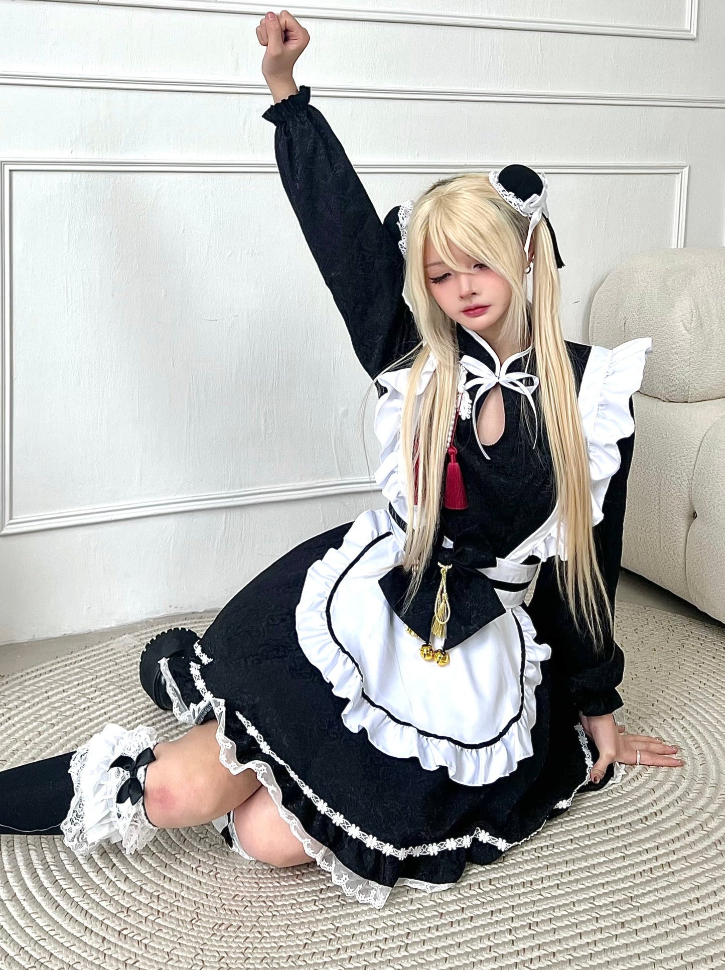 Black White Chinese-style Maid Ribbon Apron Dress Set [short Sleeve / Long Sleeve]