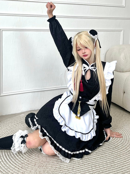 Black White Chinese-style Maid Ribbon Apron Dress Set [short Sleeve / Long Sleeve]