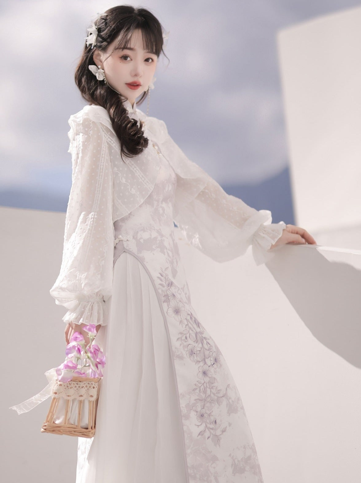 Light Purple Flower Chinese-style Dress + Ruffle Sheer Cardigan