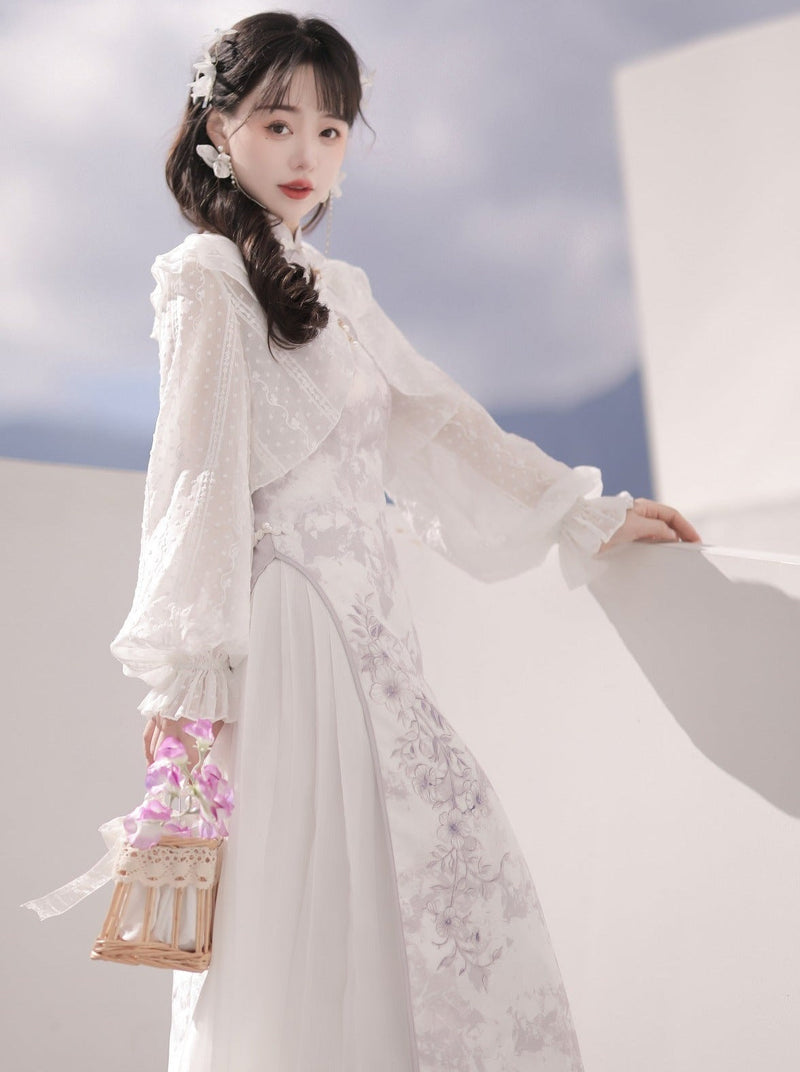 Light Purple Flower Chinese-style Dress + Ruffle Sheer Cardigan