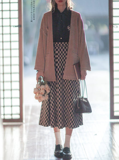 Sakura Note Showa Retro Haori Jacket + Chiffon Ribbon Shirt + Checkered Skirt + Dark Gray Skirt + Brooch