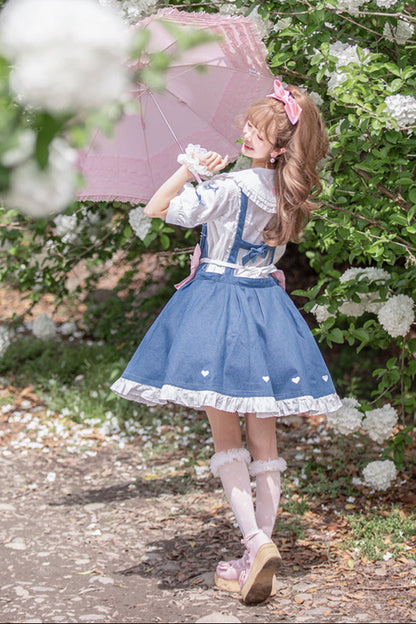 Light Raw Denim Lolita Jumper-skirt + Doll Innerwear + Apron