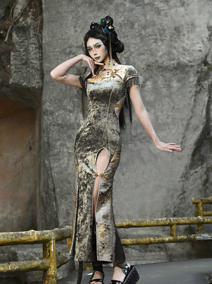 Dragon Festival Buckle Slim Mermaid Long Slit Cheongsam Dress