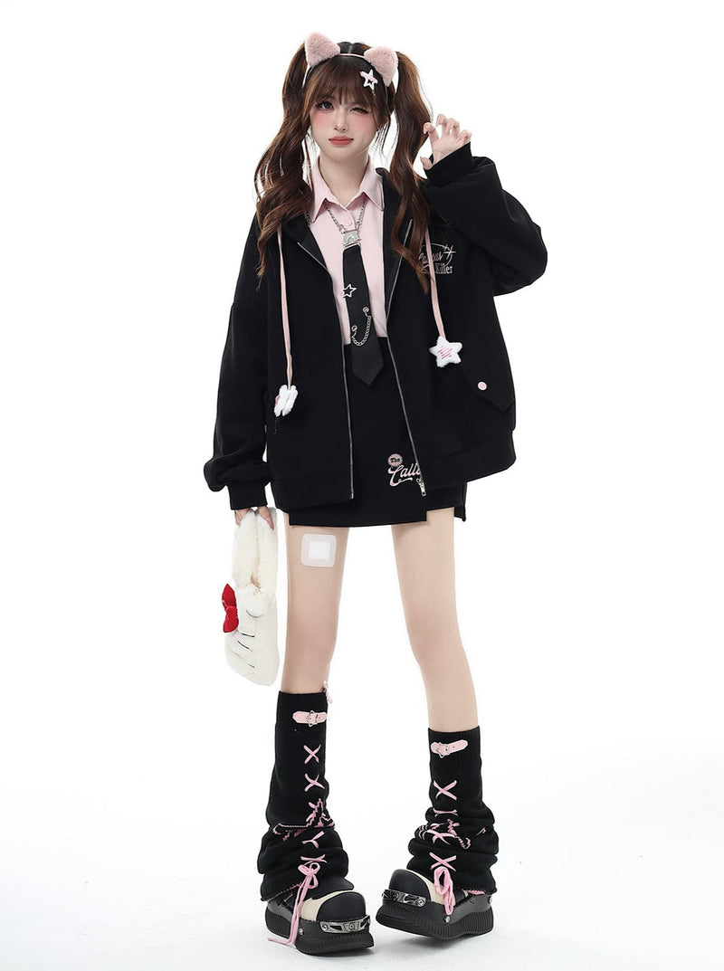 Small Hooded Zipper Hoodie + Tight Skirt