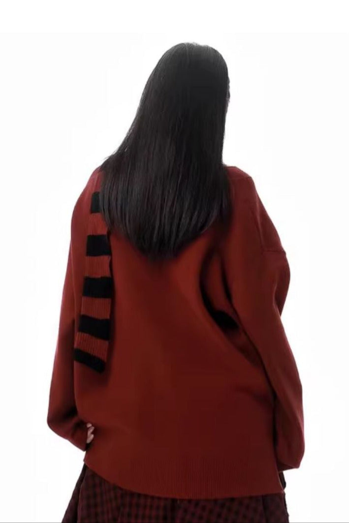 Chinese-style Illustration V Neck Knit Slim Sweater Design Shirt & Skirt Set