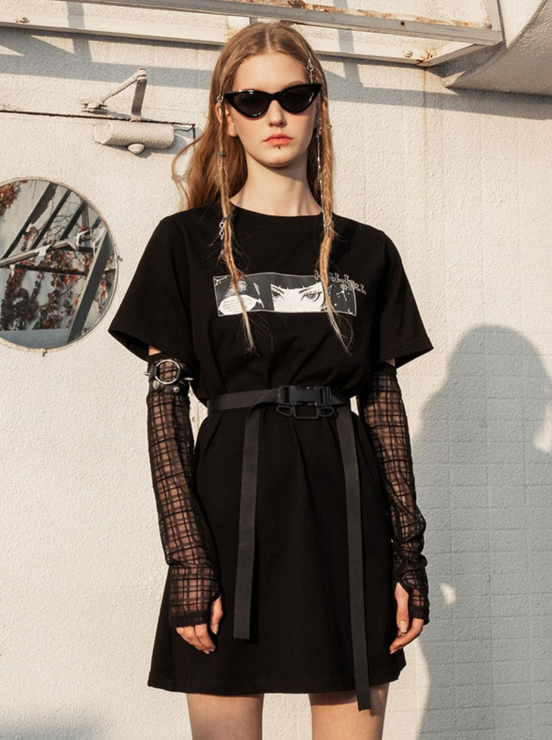 Sheer Long Sleeve Buckle Belt Dress-t