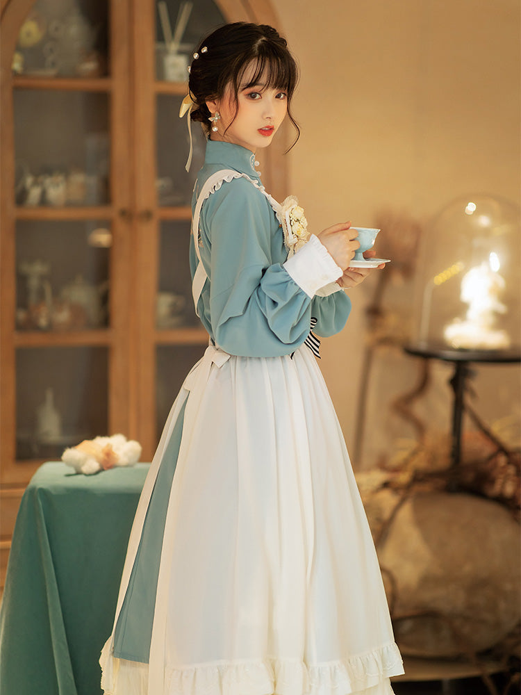 Stand Collar Double-breasted Coat Lace Apron Overskirt Set