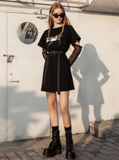 Sheer Long Sleeve Buckle Belt Dress-t