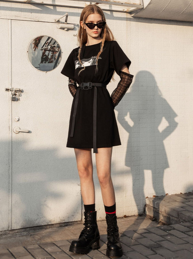 Sheer Long Sleeve Buckle Belt Dress-t