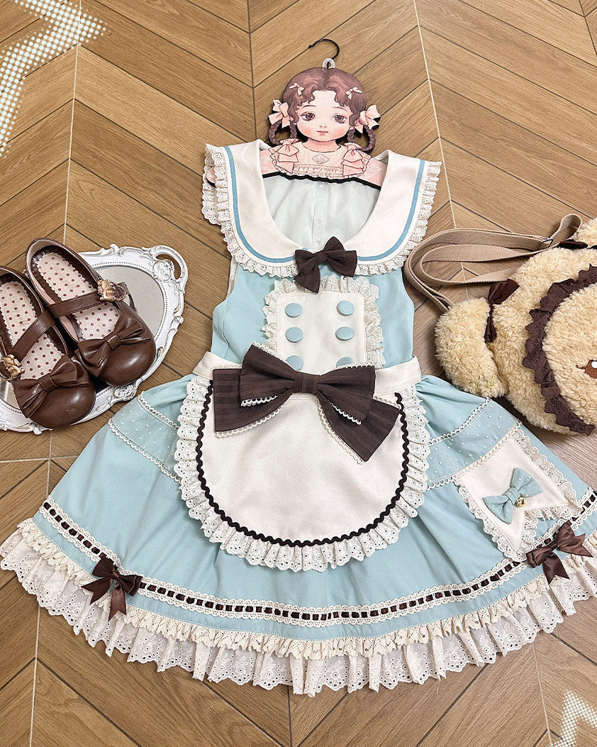 [pre-order Item]chocolate Mint Sailor Collar Girly Maid Dress + Cake Hat