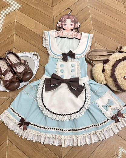 [pre-order Item]chocolate Mint Sailor Collar Girly Maid Dress + Cake Hat