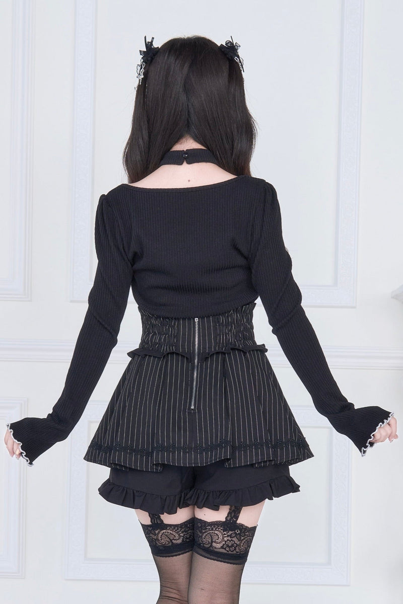 [pre-order] Choker Neck Square Ruffle Knit Top + Gothic Cross Lace Up Skirt
