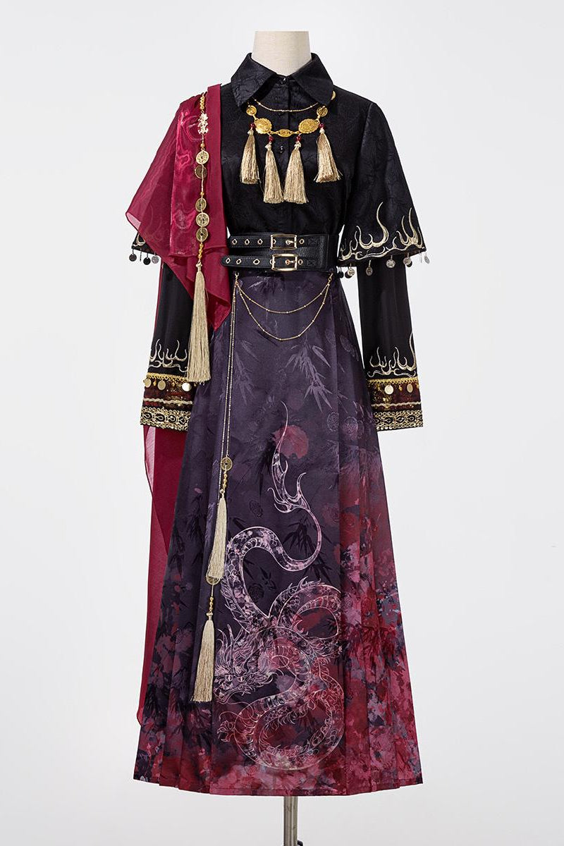 Fire China Long Coat + Top + Long Skirt