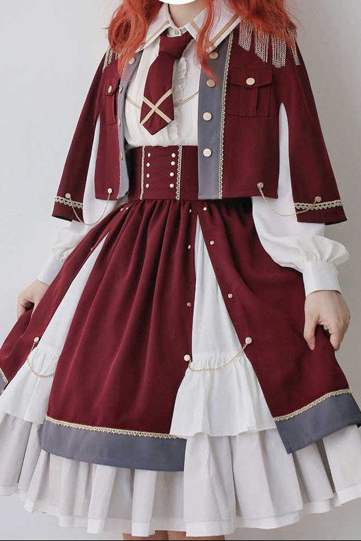 Military Style Cape Jacket + Ruffled Blouse With Tie + Waist Marked Split Layered Skirt
