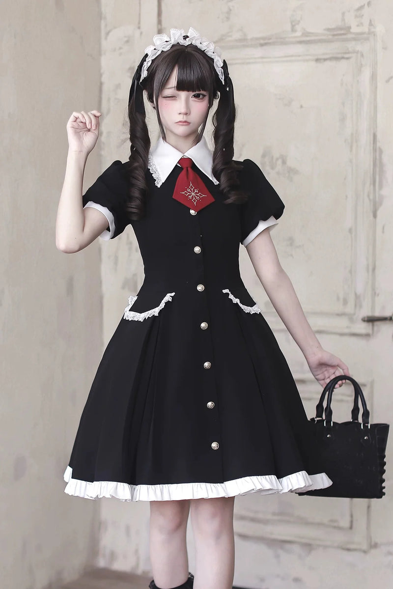 [pre-order Deadline: April 29] Black X White Gothic Lace Red Tie Collar Lolita Dress Type A/b