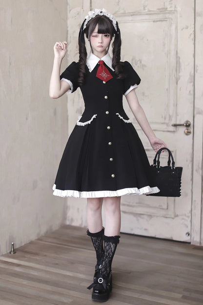 [pre-order Deadline: April 29] Black X White Gothic Lace Red Tie Collar Lolita Dress Type A/b