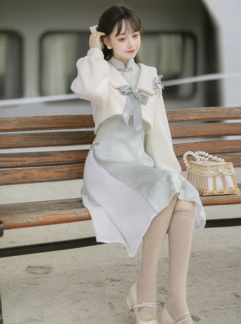 Retro Chinese-style Dress + Ribbon Short Fur Coat