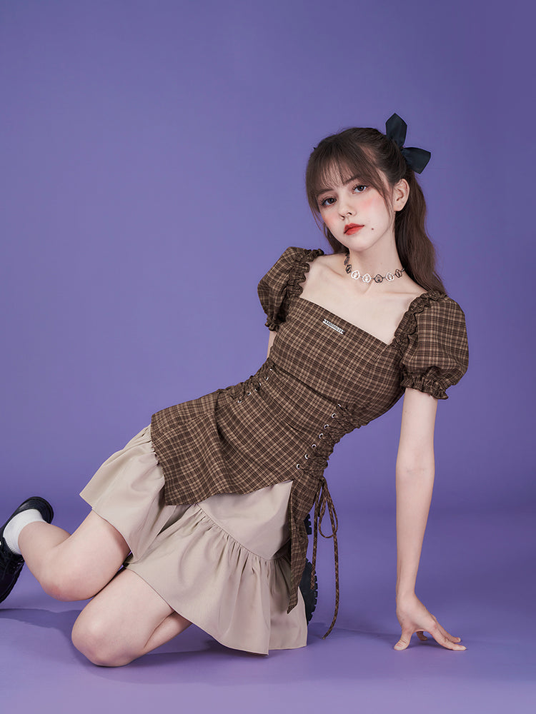 Pure Cool Design Coffee Color Plaid Dress