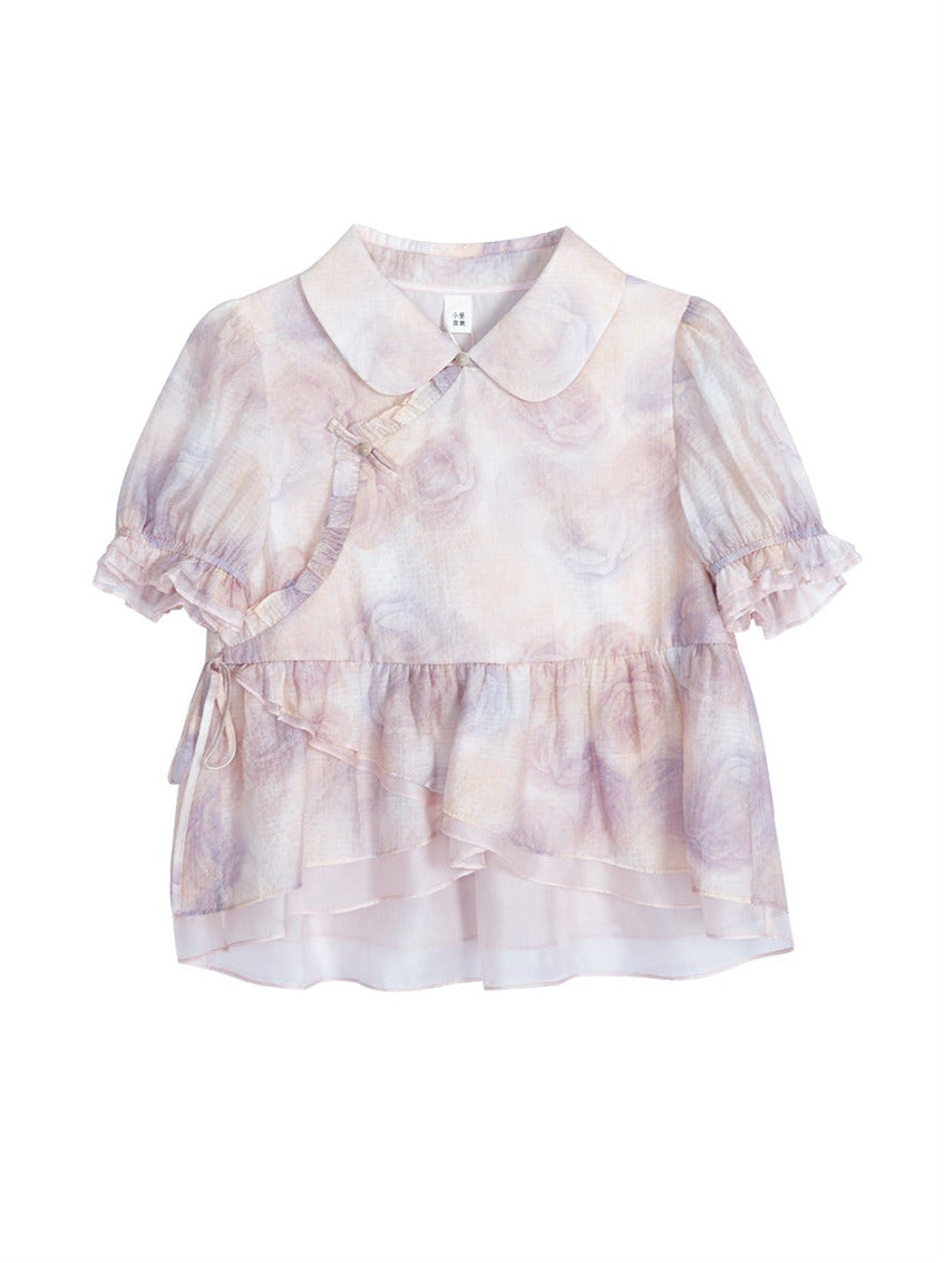 Chinese-style Rose Print Puff Sleeve Ruffle Shirt Skirt Two Piece Set