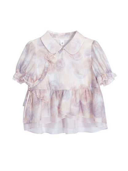 Chinese-style Rose Print Puff Sleeve Ruffle Shirt Skirt Two Piece Set