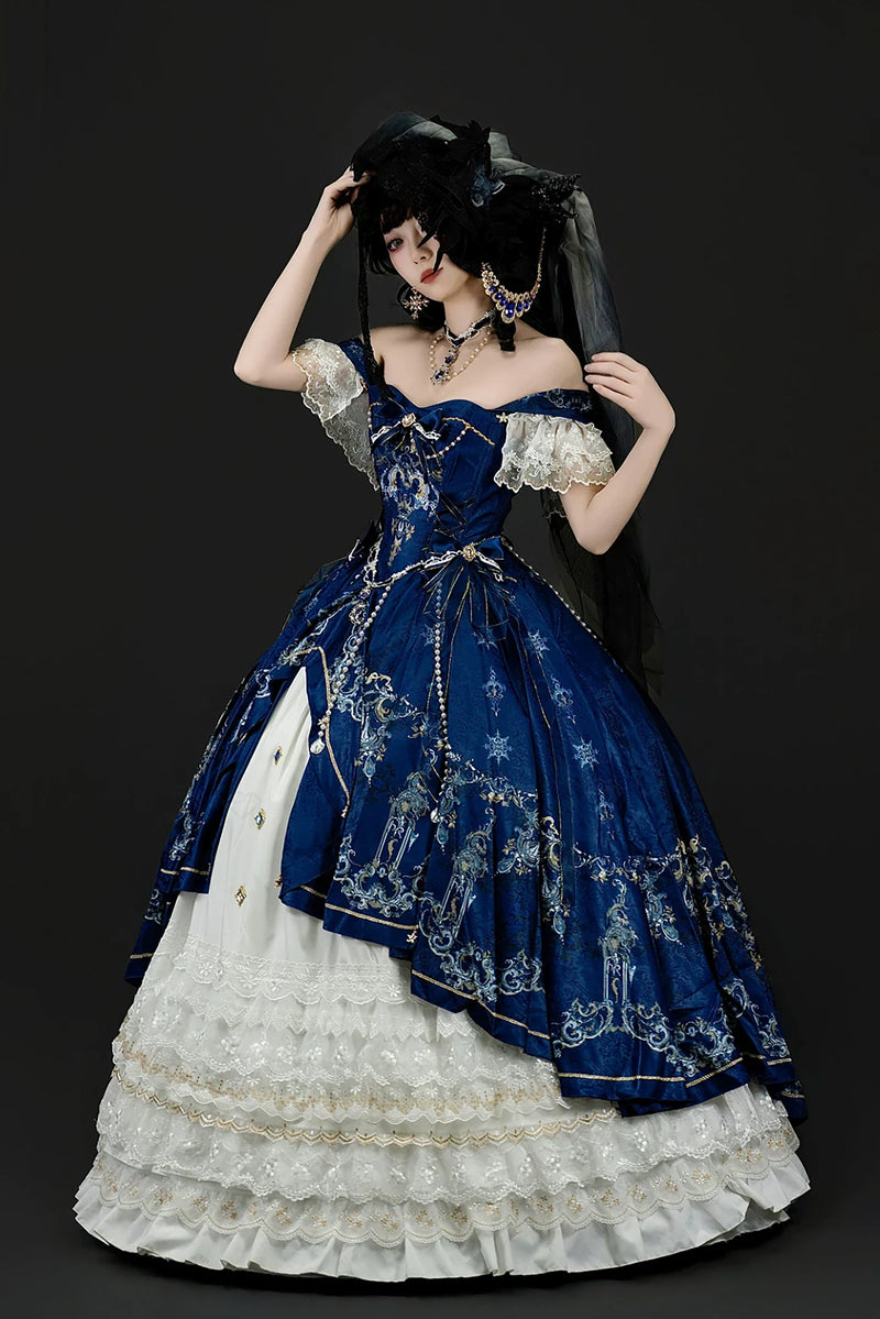[pre-order Deadline: May 3] Dark Blue White Corset Lace Ribbon Lolita Jsk Princess Dress + Complete Set