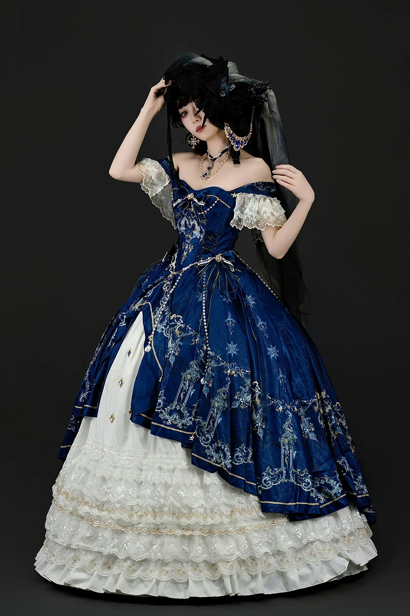 [pre-order Deadline: May 3] Dark Blue White Corset Lace Ribbon Lolita Jsk Princess Dress + Complete Set