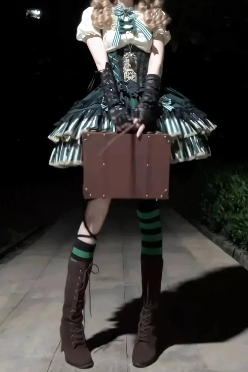 [pre-order Deadline: May 20] Magical Girl Lolita Lace Puff Sleeve Shirt + Black X Green Ribbon Corset Tiered Dress + Mini Hat