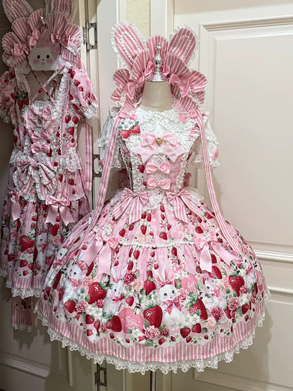[pre-order Deadline: April 29] Strawberry Rabbit Ear Ribbon Shirt + Ruffled Shoulder Lace Ribbon Jk School Uniform Dress + Full Set/complete Set